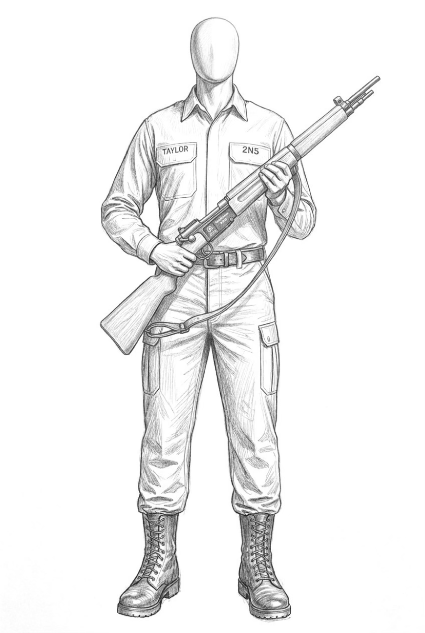 Pencil sketch of a Department 6 teammate carrying a MAS 1936 rifle