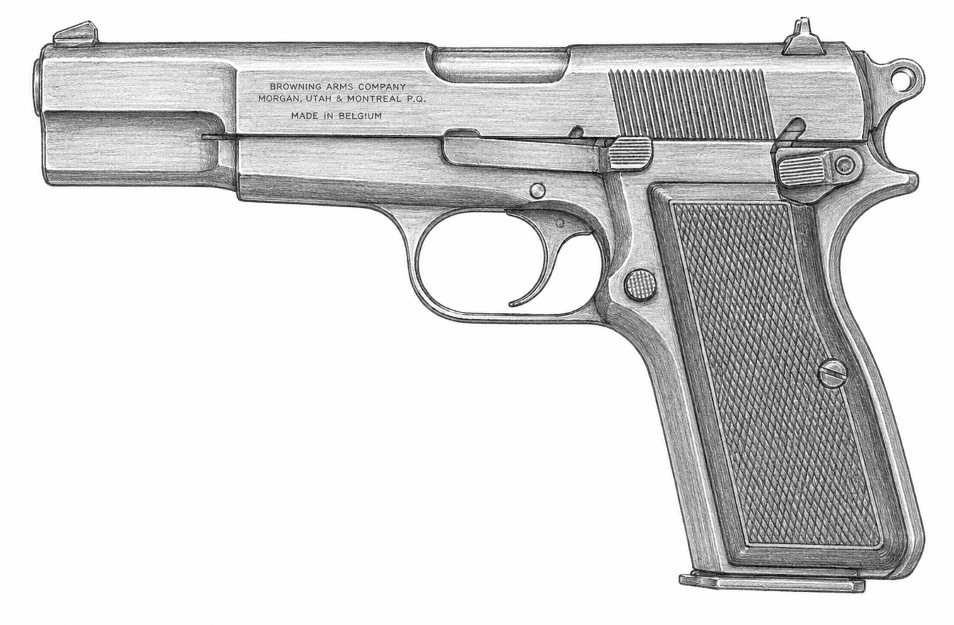 Pencil drawing of a Browning Hi-Power pistol in left-side profile