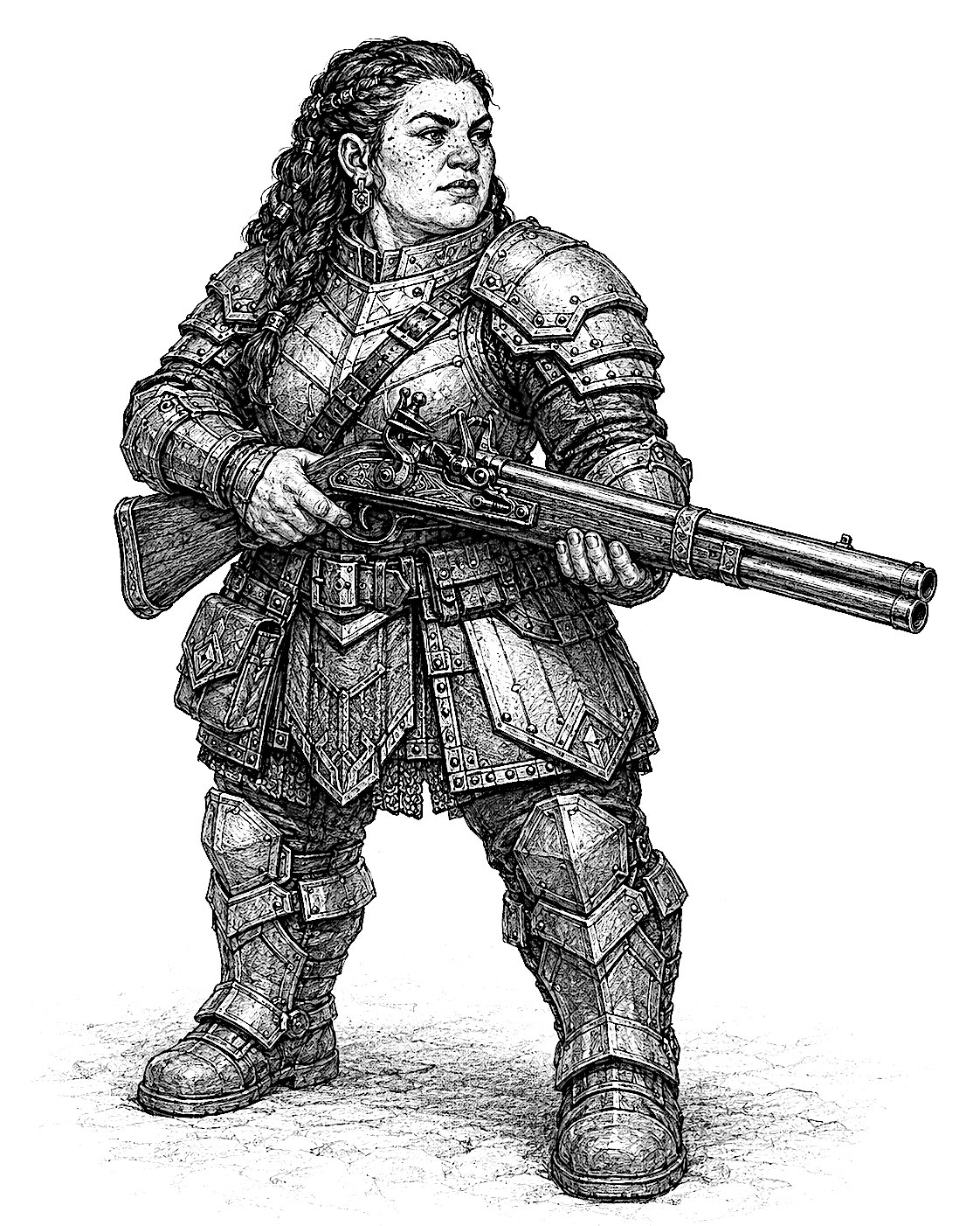 Dwarrow warrior carrying a double-barrel flintlock rifle